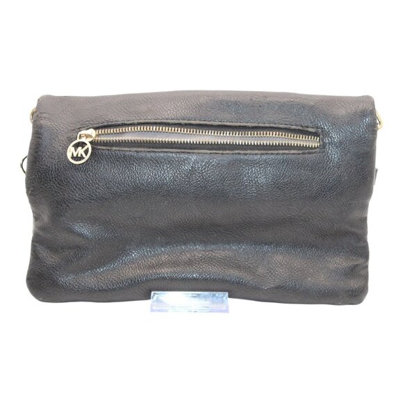 Michael Kors Black Leather Fold-Over Clutch Purse With Gold MK Logo & Zippers - Picture 2 of 7